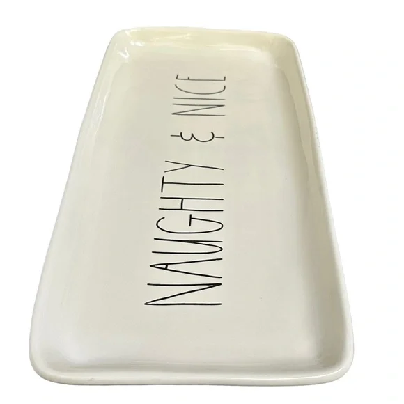 Rae Dunn Christmas Platter NAUGHTY & NICE White Black Long Letters NWT 2017 OG - Picture 9 of 16